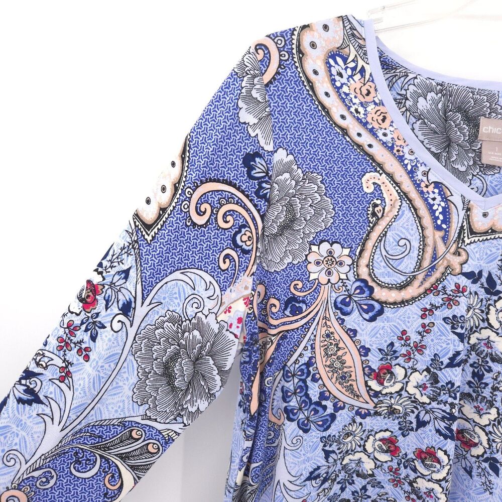 Chico's paisley tunic top Size 1 (M) purple stretch knit‎ long sleeve - Picture 2 of 8